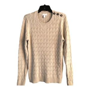 Charter Club three shoulder button cream cable knit sweater with gold filament.
